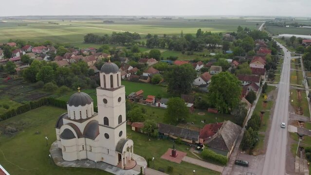 Aerial View of Ortodox Church in Town of Sirig on beautiful sunny day, Vojvodina, Serbia