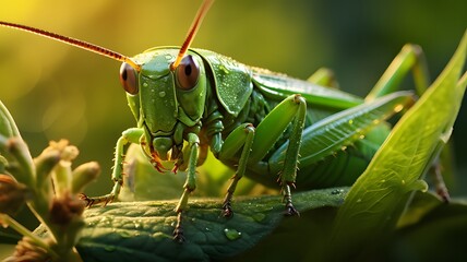 Fototapeta premium Close-up macro shot of a grasshopper perched on a dewy leaf in the early morning