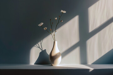 white vase with blossoms and serene shadow play
