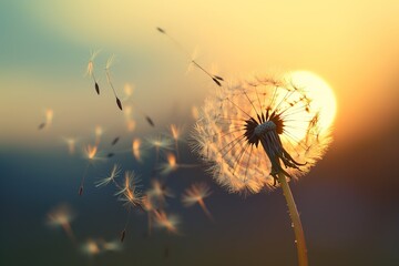 A dandelion floats in the wind against the backdrop of a colorful sunset.