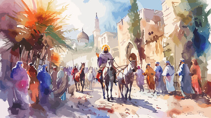 Jesus entering in Jerusalem. - obrazy, fototapety, plakaty