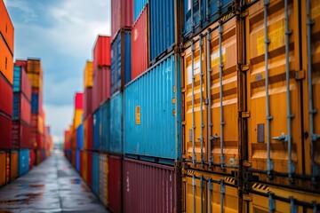 Fototapeta premium A vibrant row of shipping containers sitting next to each other in an industrial setting.