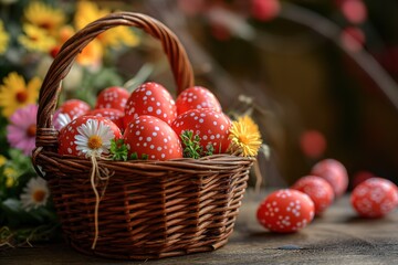 Fototapeta na wymiar A photo of a basket filled with red and white eggs, representing a Catholic Easter custom.
