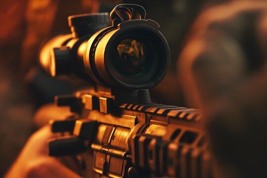 A detailed shot of a rifle with a mounted scope, highlighting its features.