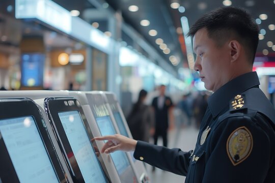 A police officer in full uniform is attentively observing and interacting with a touch screen device.