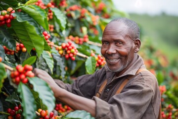 Naklejka na ściany i meble A man carefully picking coffee beans from a tree in a coffee plantation.