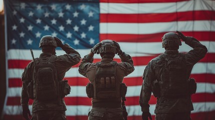 A group of USA military Special Forces soldiers dressed in uniform, saluting in front of an American flag. - obrazy, fototapety, plakaty