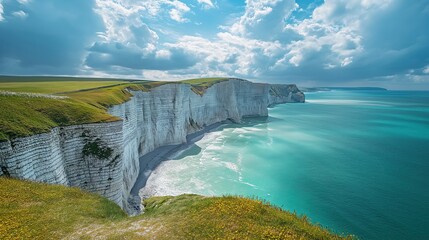 This photo captures a scenic view of the Seven Sisters Cliffs in southern England, overlooking the vast expanse of the ocean. - Powered by Adobe