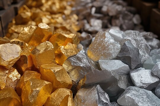 A collection of gold and silver rocks is piled together in this image, showcasing the rich mining minerals.