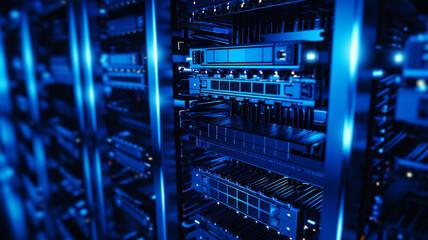 Camera slowly moving in data center showing server equipment with flickering light indicators, close up view. Seamlessly looped photorealistic 3D render animation - obrazy, fototapety, plakaty
