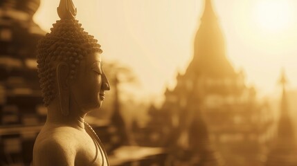 Waisak day concept: Sepia tone, silhouette Budha with blurred tourist attraction on sunset background - obrazy, fototapety, plakaty