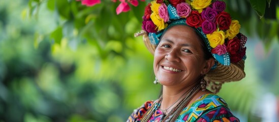 Joyful woman in vibrant, multi-colored dress and hat smiles at the camera in a summer portrait