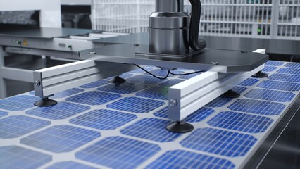 Solar panel placed on conveyor belt, operated by high tech robot arm, moving around facility, 3D...