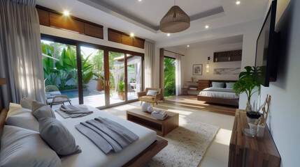 Fototapeta premium Luxury modern bedroom interior with stylish furniture and open view