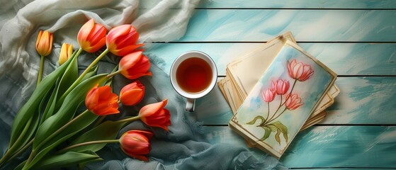 Springtime Art and Tea Flat Lay

