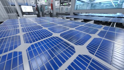 Solar panel placed on conveyor belt, operated by industrial robot arm, moving around facility, 3D...