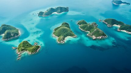 Aerial View of Tropical Archipelago in Clear Blue Waters, island view, exotic resort
