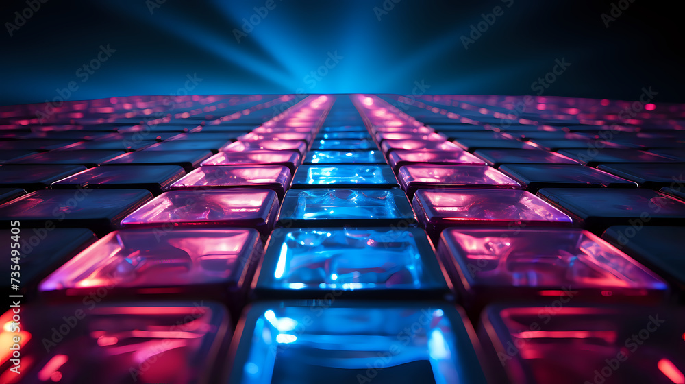 Poster futuristic neon grid with dynamic lighting. this image features a perspective view of a neon-lit gri
