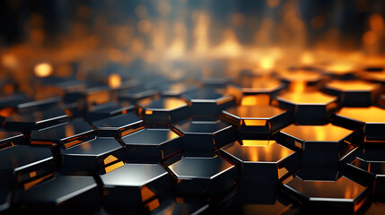 Obraz premium Golden Glow Hexagonal Pattern. A stunning array of hexagonal shapes glowing with a golden light, perfect for futuristic designs and tech-themed backgrounds.