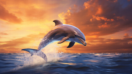 Dolphin jumping and playing in the ocean waves during the sunset.