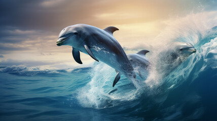 A pod of dolphins gracefully leaping and playing in the ocean waves - obrazy, fototapety, plakaty