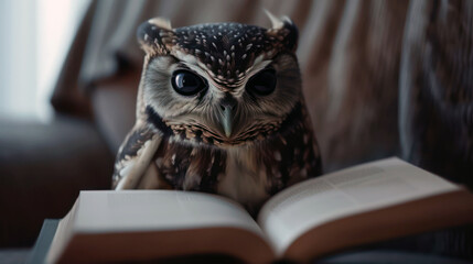 A wise owl with feathers is reading a book about education and knowledge
