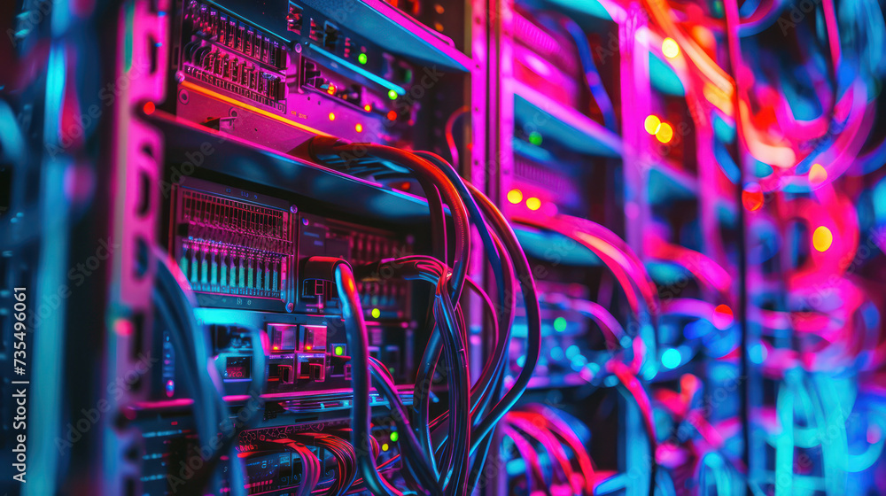 Poster a bright server room with network cables and led lights in a data center