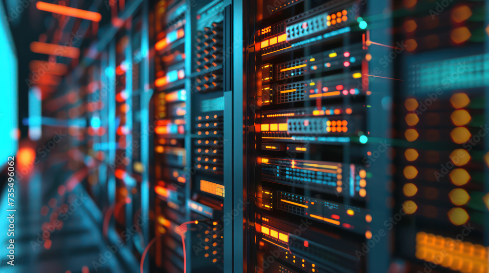 Poster a bright server room with network cables and led lights in a data center