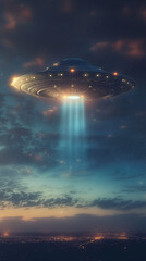 Majestic UFO Hovering Above Cityscape at Dusk. Aliens have arrived on earth. Futuristic fantasy.