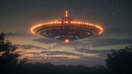 Fototapeta na wymiar Majestic UFO Sighting Over Twilight Horizon. Aliens have arrived on earth. Futuristic fantasy.