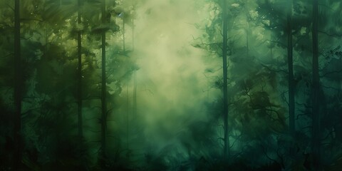 Abstract Misty Green Forest Scapes with Watercolor Aesthetics