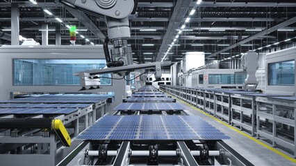 Solar panel factory with robotic arms placing PV modules on automation lines, 3D illustration of...