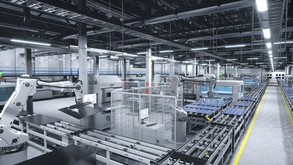 Fototapeta premium Heavy machinery in cutting edge solar panel warehouse handling photovoltaic modules on large assembly lines. Wide camera shot of sustainable facility manufacturing solar cells, 3D illustration