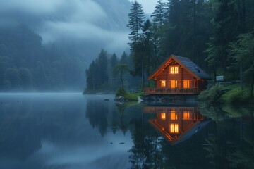 Illuminated Wooden house in the forest with the foggy mountains in the background at dusk