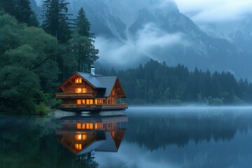 Fototapeta premium Illuminated Wooden house in the forest with the foggy mountains in the background at dusk
