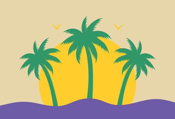 Fototapeta na wymiar Bright silhouette of palm trees on a beige background. Three green palm trees against the background of sunset. Design of advertising brochures, travel agency banners. Vector illustration.
