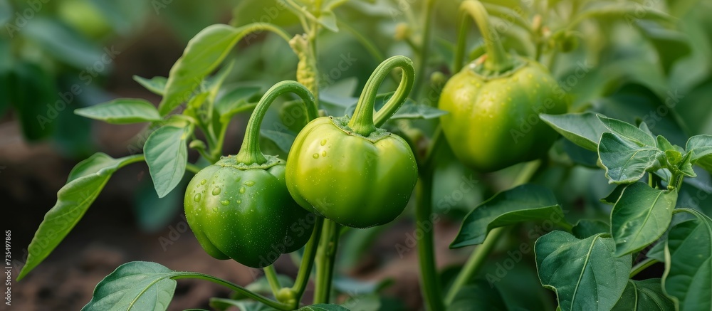 Poster lush green pepper plant with fully grown healthy green peppers in the backdrop of garden