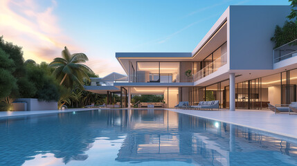 Fototapeta premium Modern Luxury Villa With Pool at Twilight. Luxury resort in a warm country with a palm tree