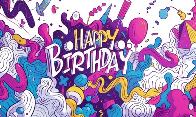  happy birthday to you colorful in the style of light violet and yellow minimalist line drawings Generative AI