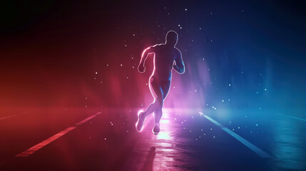 Futuristic runner in neon tunnel