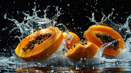 papaya in black background with water splash