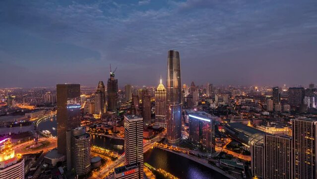 High angle view of Tianjin Skyline at Dawn, Night to Day Transition _ Tianjin, China