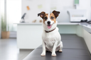 jack russell terrier dog sitting on veterinary waiting room - obrazy, fototapety, plakaty
