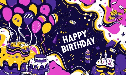 birthday greeting card with a purple, yellow and white balloon and birthday cakes Generative AI