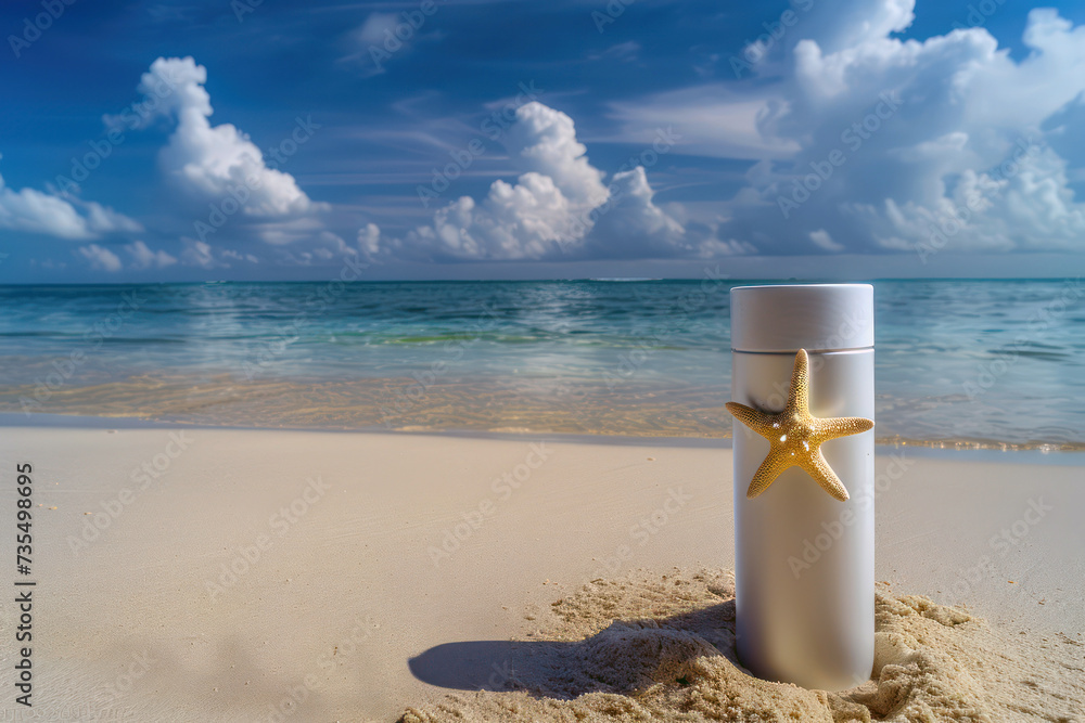 Wall mural A bottle of sunscreen and a starfish on a sunny beach