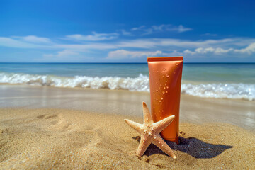 A bottle of sunscreen and a starfish on a sunny beach