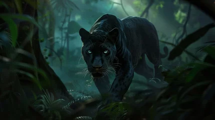 Foto op Plexiglas Intriguing Black Panther Wandering Through Dense Jungle AI Generated. © AnimalAI