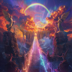 A bridge of light spanning a neon lit chasm guarded by angelic and devilish statues under a sky painted with eternal rainbows - obrazy, fototapety, plakaty