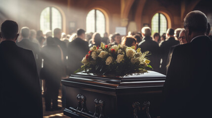 Funeral Service in a Church With Mourners and Floral-Topped Casket - obrazy, fototapety, plakaty
