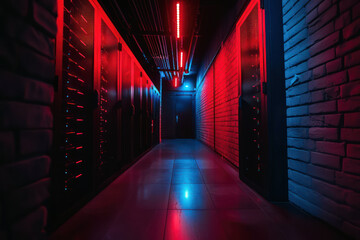 Modern data center with illuminated server racks for networking and technology